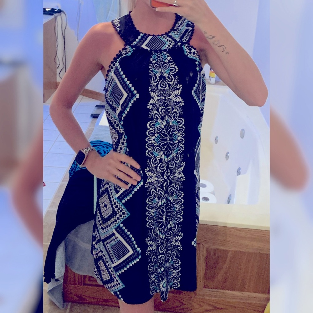 Blue fun print halter neck dress